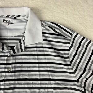 PING Golf Polo Shirt Mens Large Black Gray White Stripe Short Sleeve Performance